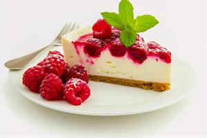 cheesecake avec framboises sur une assiette sur une blanc Contexte photo
