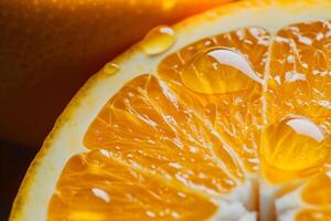 Orange tranche avec gouttes, macrophoto photo