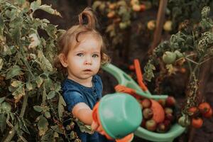 peu fille dans robe, caoutchouc bottes et une paille chapeau est arrosage, irriguer les plantes dans le l'automne jardin photo