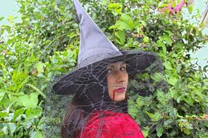 une sorcière dans une noir chapeau et une rouge cap. photo