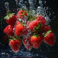 Frais des fraises chute dans l'eau avec éclaboussure sur noir Contexte. photo