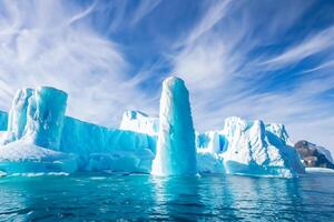 majestueux la glace falaises couronné par une cool atmosphère, encadré par le magnifique mer et ciel, prestidigitation une harmonieux panorama de la nature glacé grandeur et océanique splendeur photo