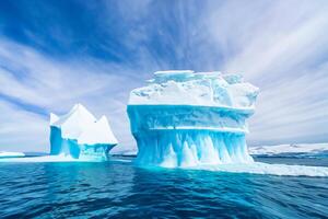 majestueux la glace falaises couronné par une cool atmosphère, encadré par le magnifique mer et ciel, prestidigitation une harmonieux panorama de la nature glacé grandeur et océanique splendeur photo