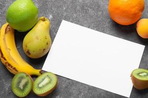 carte et blanc papier maquette harmonisé avec Frais fruit, artisanat une visuel symphonie de astucieux conception et culinaire plaisir, où sain Ingrédients fusionner dans une le banquet de vibrant imagerie photo