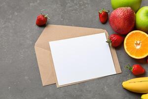 carte et blanc papier maquette harmonisé avec Frais fruit, artisanat une visuel symphonie de astucieux conception et culinaire plaisir, où sain Ingrédients fusionner dans une le banquet de vibrant imagerie photo