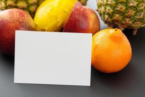 carte et blanc papier maquette harmonisé avec Frais fruit, artisanat une visuel symphonie de astucieux conception et culinaire plaisir, où sain Ingrédients fusionner dans une le banquet de vibrant imagerie photo