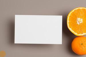 généré imageblanche papier maquette animé par le piquant aura de Frais des oranges, artisanat une visuel symphonie de culinaire opulence et sain conception photo