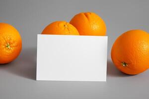 blanc papier maquette animé par le piquant aura de Frais des oranges, artisanat une visuel symphonie de culinaire opulence et sain conception photo