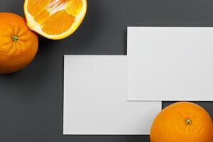 blanc papier maquette animé par le piquant aura de Frais des oranges, artisanat une visuel symphonie de culinaire opulence et sain conception photo