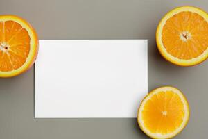 généré imageblanche papier maquette animé par le piquant aura de Frais des oranges, artisanat une visuel symphonie de culinaire opulence et sain conception photo