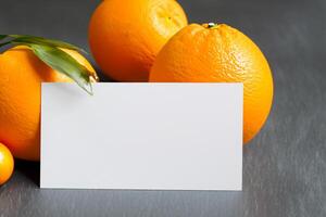 blanc papier maquette animé par le piquant aura de Frais des oranges, artisanat une visuel symphonie de culinaire opulence et sain conception photo