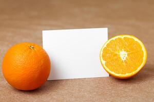 blanc papier maquette animé par le piquant aura de Frais des oranges, artisanat une visuel symphonie de culinaire opulence et sain conception photo