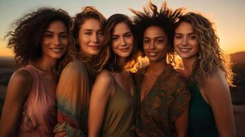 six femmes, diverse beauté, permanent ensemble, d'or heure, niveau des yeux, vibrant couleurs photo