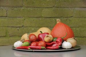 une assiette avec Frais des légumes choisi Frais de le jardin photo