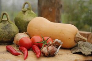 Frais des légumes choisi Frais de le jardin dans une encore la vie avec deux pots photo