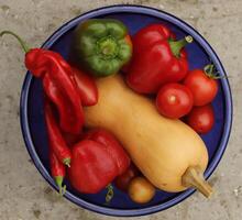 une assiette avec Frais des légumes choisi Frais de le jardin photo