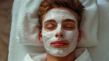 Beau Jeune homme profiter faciale spa traitement photo
