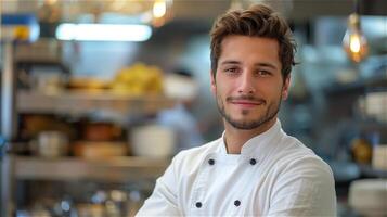 Beau Jeune chef avec cuisine Contexte photo