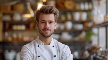 Beau Jeune chef avec cuisine Contexte photo