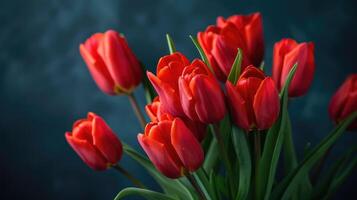 bouquet de rouge tulipes contre une foncé arrière-plan, vibrant printemps fleurs avec vert tiges, adapté pour salutation cartes et arrière-plans. photo