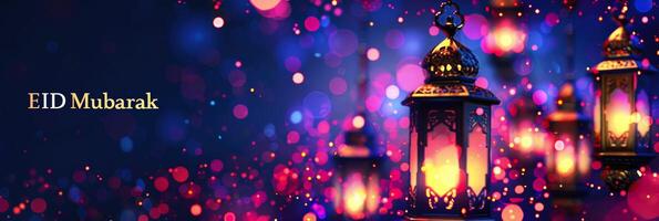 eid mubarak et Ramadan kareem salutations avec islamique lanternes et bokeh Contexte photo