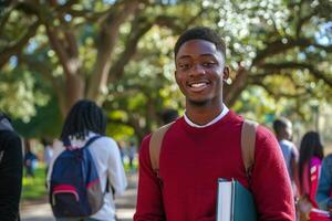 africain américain étudiant en portant livres et souriant à le caméra photo