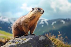 marmotte dans le montagnes. printemps devin. la marmotte doux regard. photo