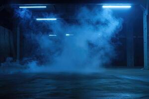 foncé rue, humide asphalte, reflets de des rayons dans le l'eau. abstrait foncé bleu arrière-plan, fumée, smog. vide foncé scène, néon lumière, projecteurs photo