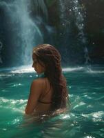 photo de une femme nager dans une énorme Lac avec une cascade dans le Contexte