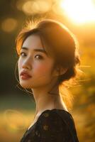 portrait de une magnifique asiatique femme à le coucher du soleil photo