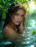 photo de une femme nager dans une énorme Lac avec une cascade dans le Contexte