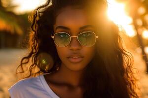 une photoréaliste portrait de une 25 ans africain américain femme dans des lunettes de soleil photo