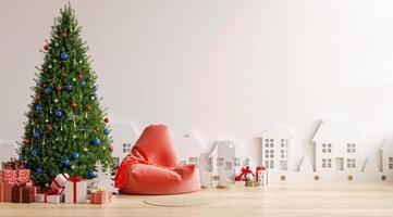 intérieur du salon avec fauteuil et sapin de Noël décoré sur fond blanc vide.