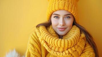 une femme habillé dans une Jaune tricoté chapeau et écharpe photo