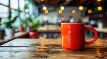 une rouge café tasse est mis sur Haut de une en bois table photo