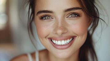 fermer de une femme souriant tandis que en portant une brosse à dents dans sa bouche photo