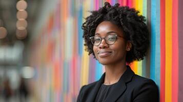 une femme portant des lunettes des stands dans de face de une vibrant, coloré mur photo