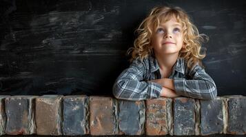 une Jeune garçon penché contre une brique mur photo