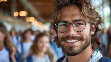 une homme avec une barbe et des lunettes souriant à le caméra photo