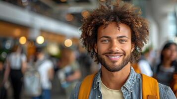 une homme avec frisé cheveux porter une sac à dos photo