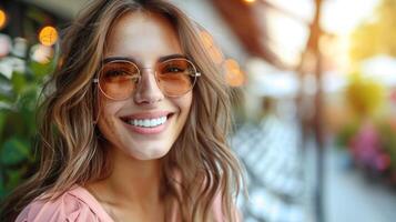 une femme avec des lunettes de soleil sur sourit directement à le caméra photo