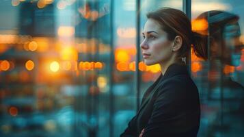 une femme permanent dans de face de une clair verre mur photo