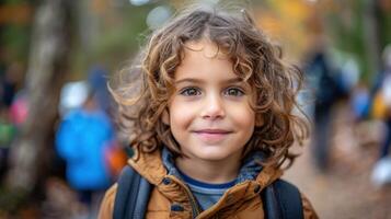 une Jeune garçon avec frisé cheveux porter une sac à dos photo