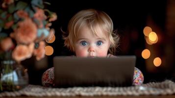 Jeune fille assise à une tableau, absorbé dans portable écran photo