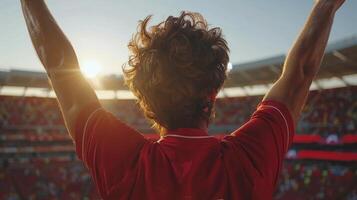 une homme des stands dans une stade élevage le sien bras dans fête photo