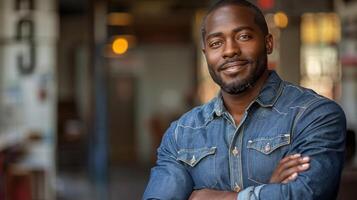 homme permanent avec bras franchi dans de face de bâtiment photo