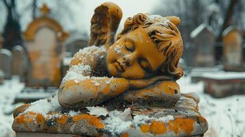 une statue de un ange est couvert dans neige photo