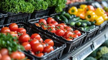 épicerie boutique afficher rempli avec divers Frais des fruits et des légumes photo