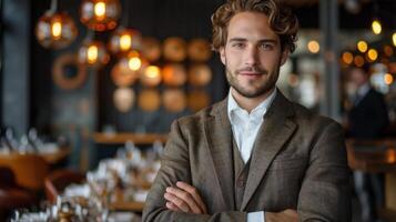 une homme permanent avec le sien bras franchi dans de face de une bar photo