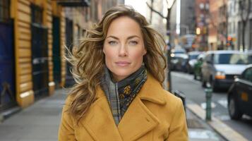 une femme dans une brillant Jaune manteau des promenades vers le bas le ville rue photo